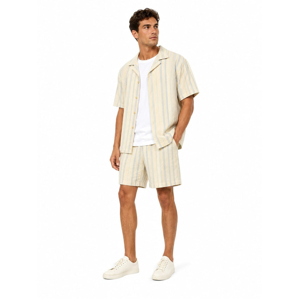 WEELZ Striped Linen Camp-Collar Shirt & Shorts Set - Beige & Sky Blue - view 3