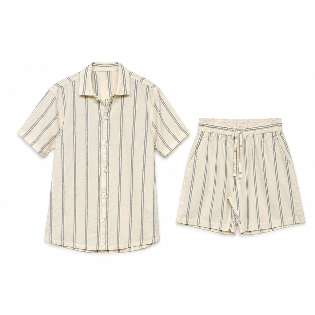 WEELZ Striped Linen Camp-Collar Shirt & Shorts Set - Off-White & Petrol - view 2