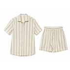WEELZ Striped Linen Camp-Collar Shirt & Shorts Set - Off-White & Petrol - view 2