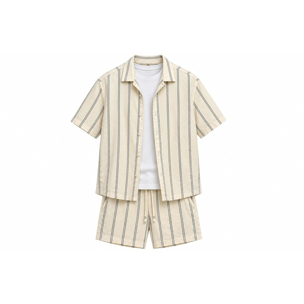 WEELZ Striped Linen Camp-Collar Shirt & Shorts Set - Off-White & Petrol - view 3