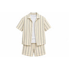 WEELZ Striped Linen Camp-Collar Shirt & Shorts Set - Off-White & Petrol - view 3