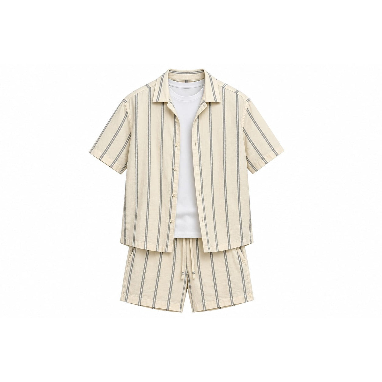 WEELZ Striped Linen Camp-Collar Shirt & Shorts Set - Off-White & Petrol - view 3