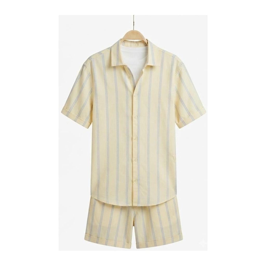 WEELZ Striped Linen Camp-Collar Shirt & Shorts Set - Off-White & Sky Blue - view 1