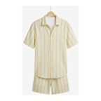WEELZ Striped Linen Camp-Collar Shirt & Shorts Set - Off-White & Sky Blue - view 1