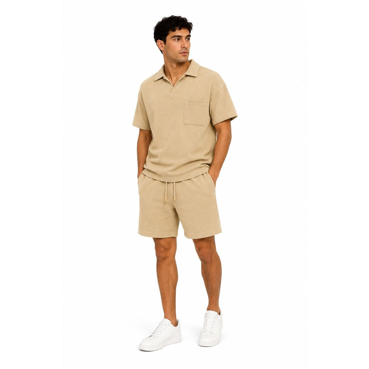 WEELZ Pocket-Collar Cotton T-Shirt & Shorts Set - Beige - view 1