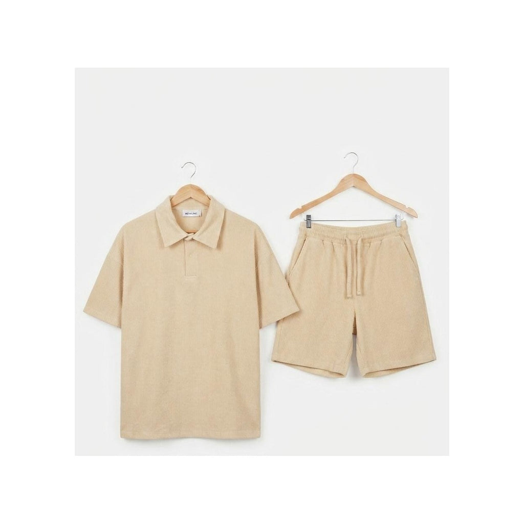 WEELZ Button-Collar Cotton T-Shirt & Shorts Set - Beige - view 1