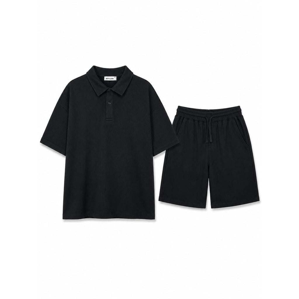 WEELZ Button-Collar Cotton T-Shirt & Shorts Set - Black - view 2
