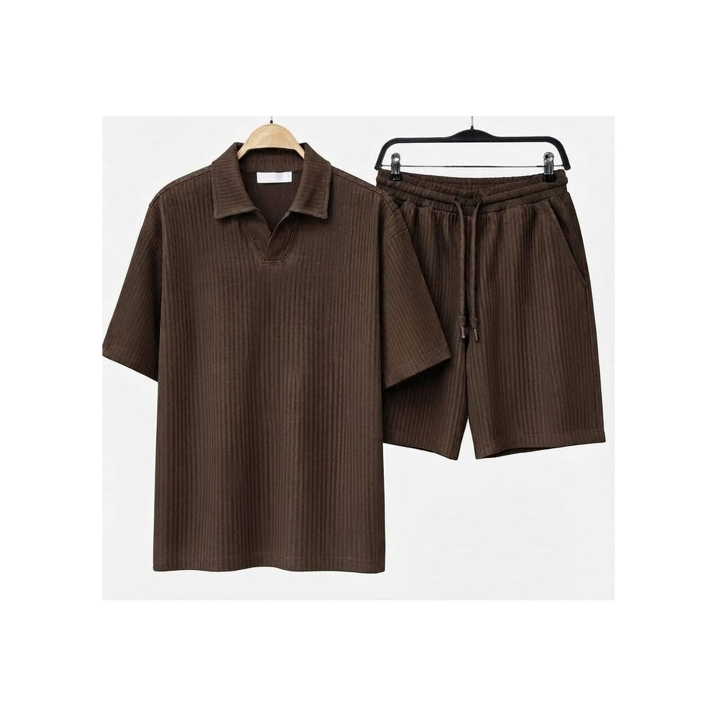 WEELZ Textured V-Collar T-Shirt & Shorts Set - Dark Olive - view 2