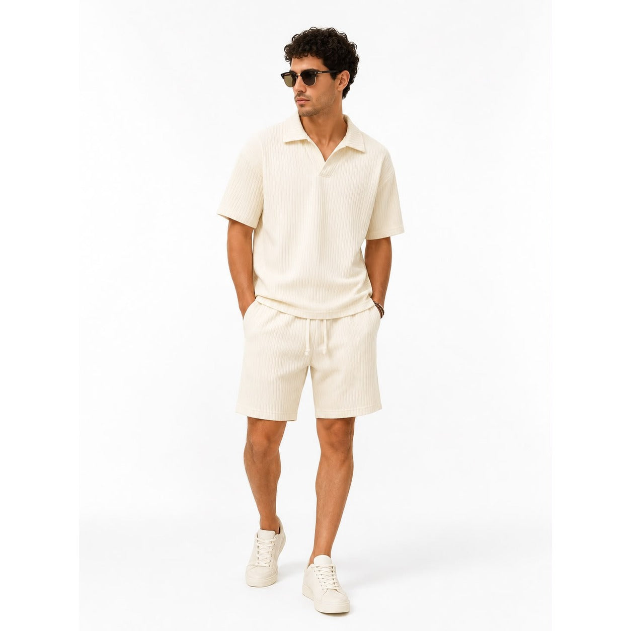 WEELZ Textured V-Collar T-Shirt & Shorts Set - Off-White - view 2