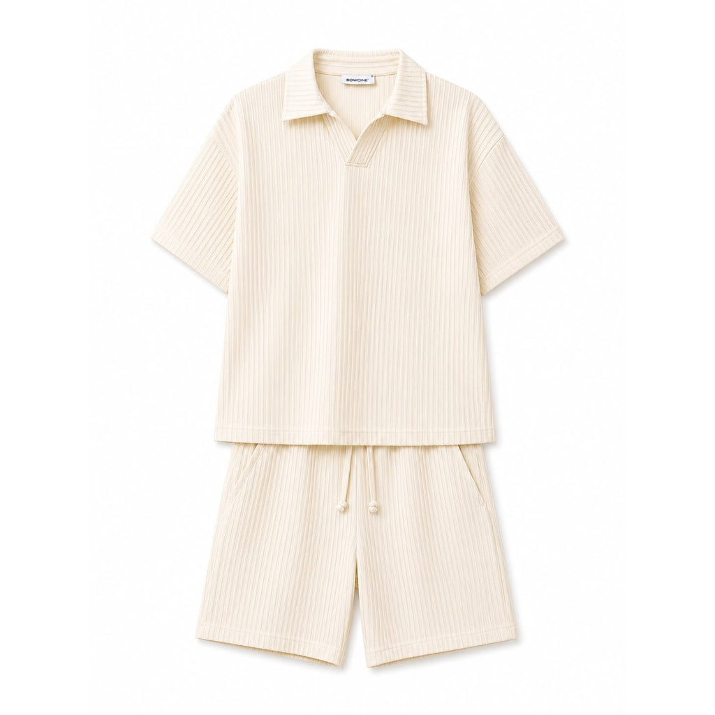 WEELZ Textured V-Collar T-Shirt & Shorts Set - Off-White - view 3