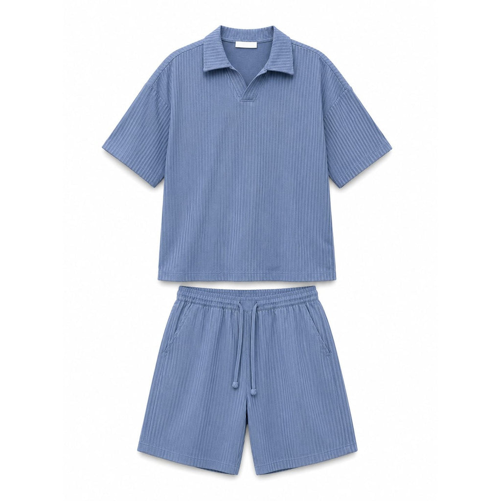 WEELZ Textured V-Collar T-Shirt & Shorts Set - Petrol Blue - view 1