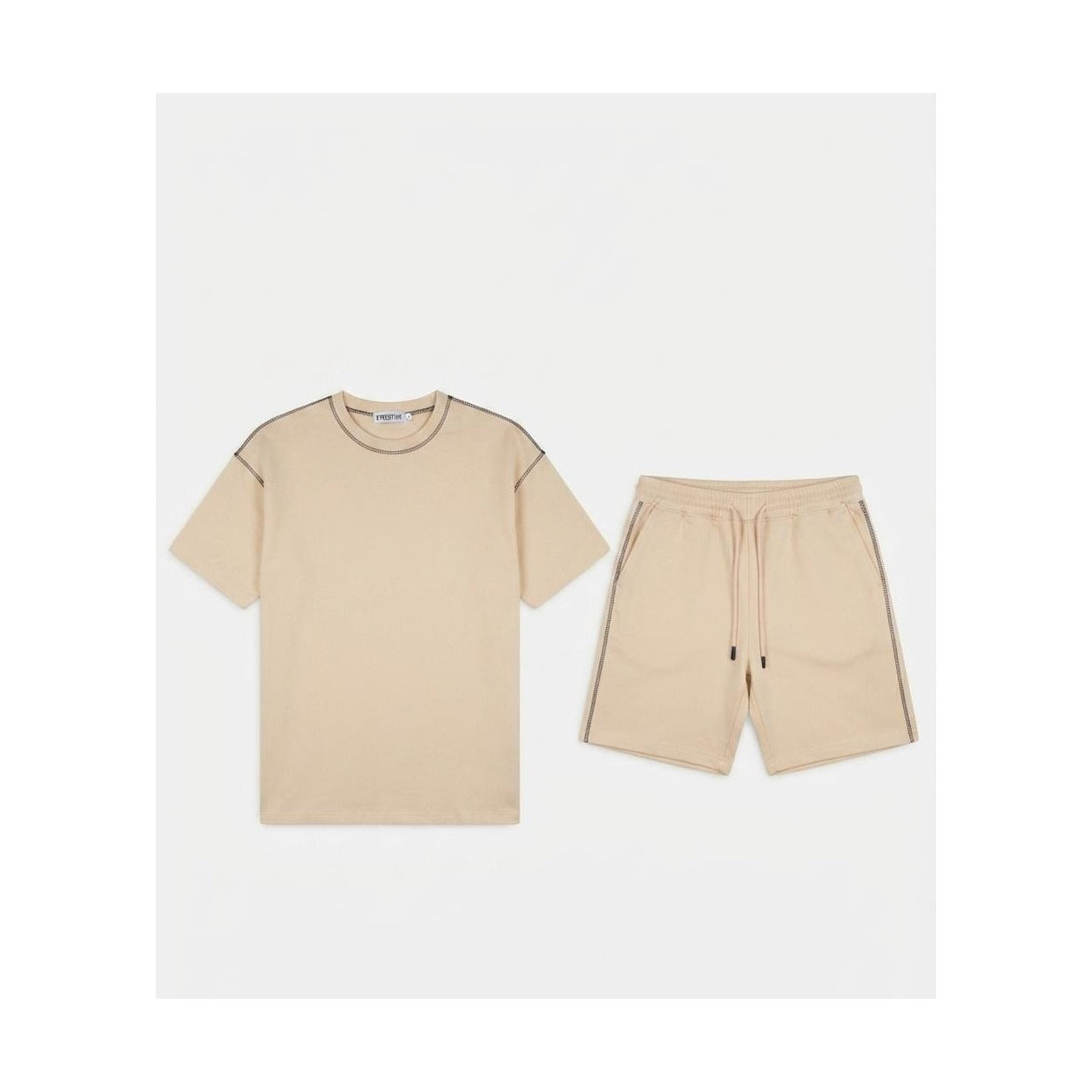 WEELZ Contrast-Stitch Cotton T-Shirt & Shorts Set - Beige - view 2