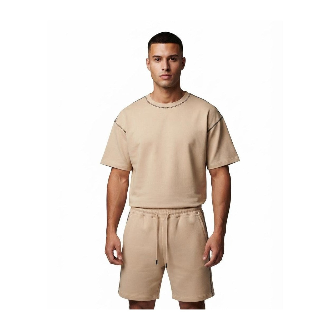 WEELZ Contrast-Stitch Cotton T-Shirt & Shorts Set - Beige - view 3