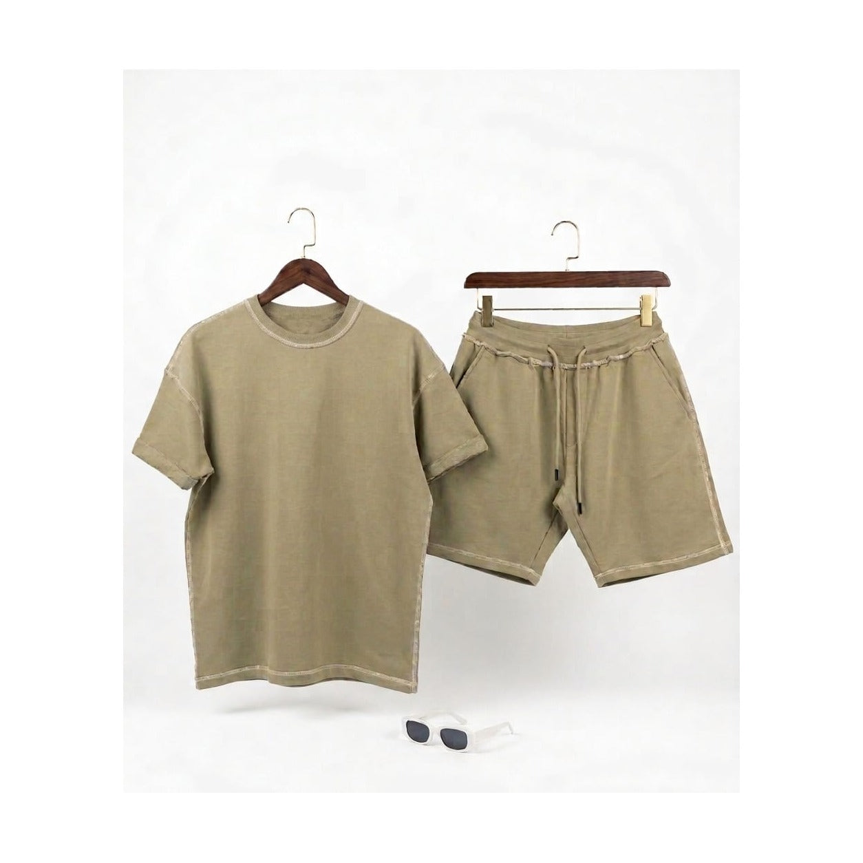 WEELZ Contrast-Stitch Cotton T-Shirt & Shorts Set - Olive - view 1