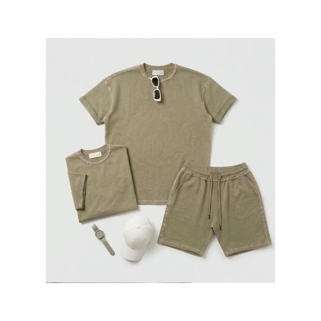 WEELZ Contrast-Stitch Cotton T-Shirt & Shorts Set - Olive - view 3