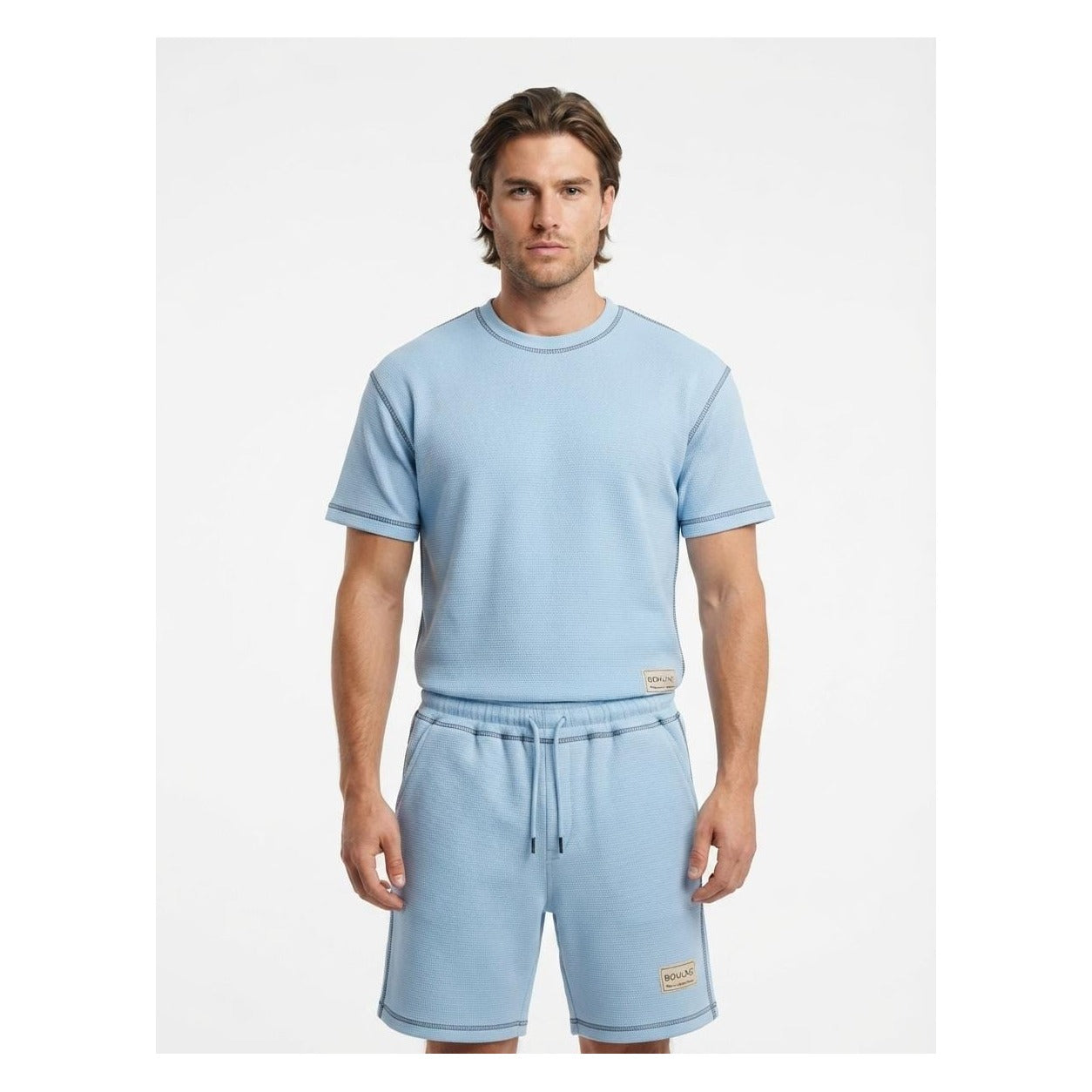 WEELZ Contrast-Stitch Cotton T-Shirt & Shorts Set - Sky Blue - view 3
