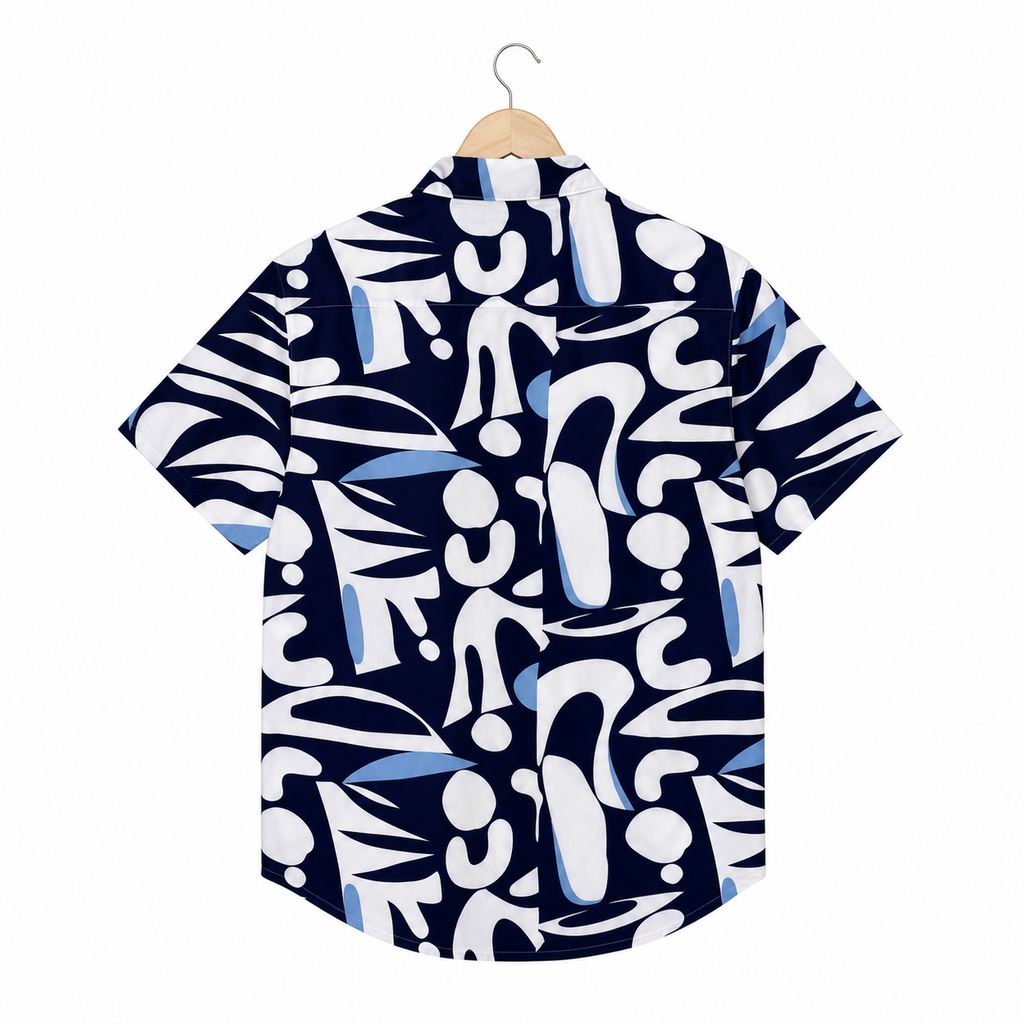 WEELZ navy and sky blue Hawaii shirt, back hanger view