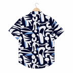 WEELZ navy and sky blue Hawaii shirt, back hanger view