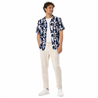WEELZ navy and sky blue Hawaii shirt, model styling one