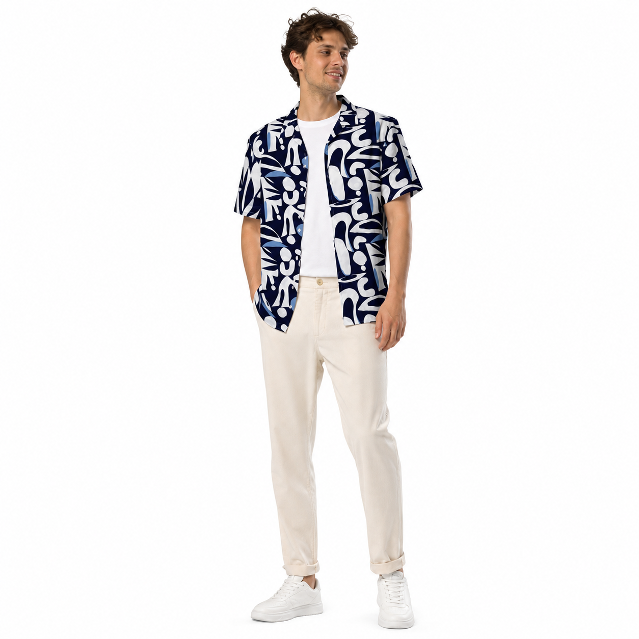 WEELZ navy and sky blue Hawaii shirt, model styling one
