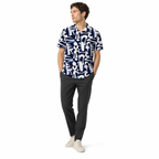 WEELZ navy and sky blue Hawaii shirt, model styling two