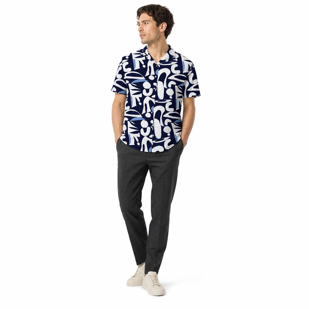 WEELZ navy and sky blue Hawaii shirt, model styling two