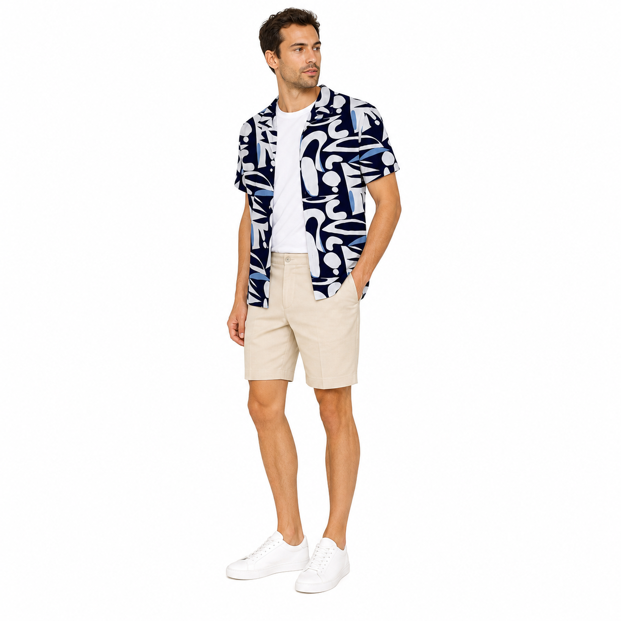 WEELZ navy and sky blue Hawaii shirt, model styling three