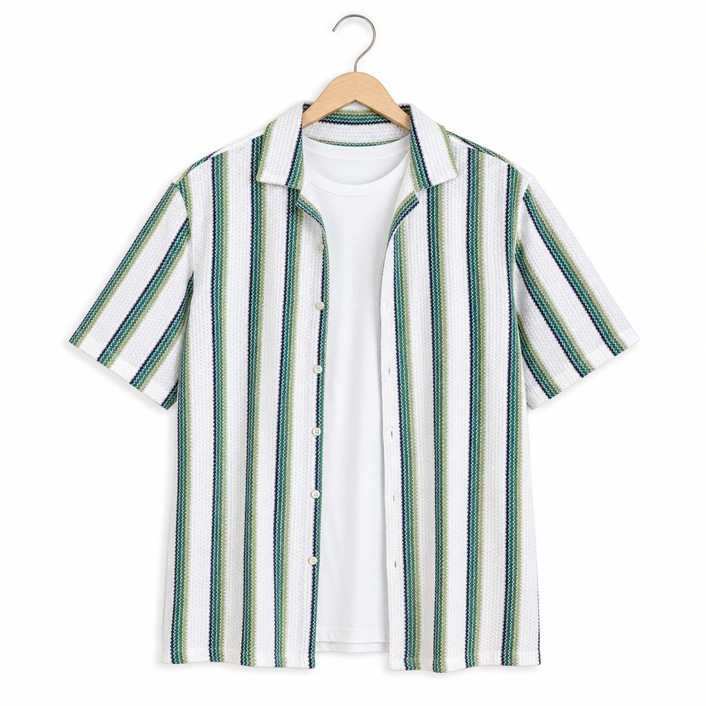WEELZ Striped Mesh Knit Shirt — Olive Stripe — 01 hanger front