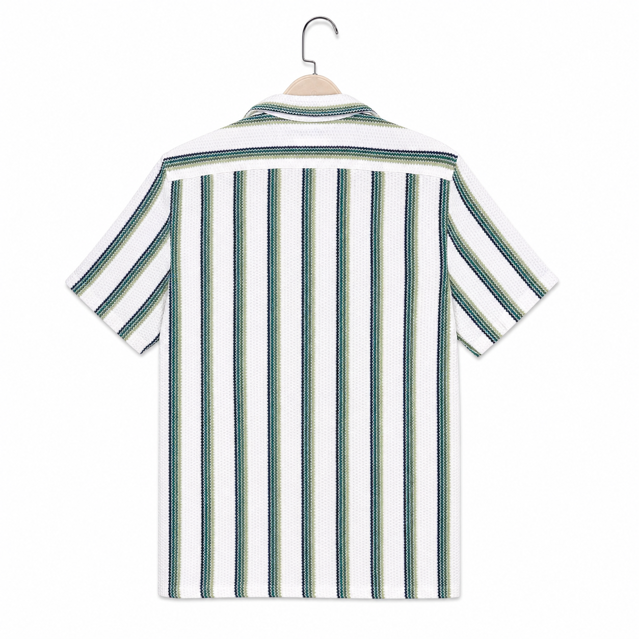 WEELZ Striped Mesh Knit Shirt — Olive Stripe — 02 hanger back