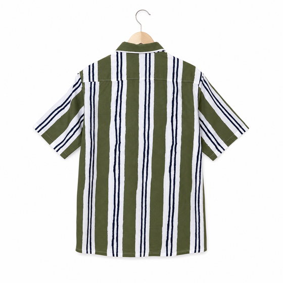 WEELZ olive and white striped Hawaii shirt, back hanger view