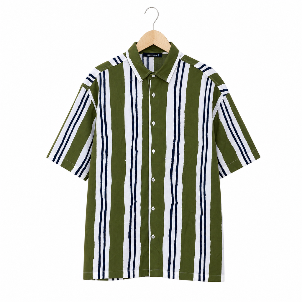 WEELZ olive and white striped Hawaii shirt, front hanger view