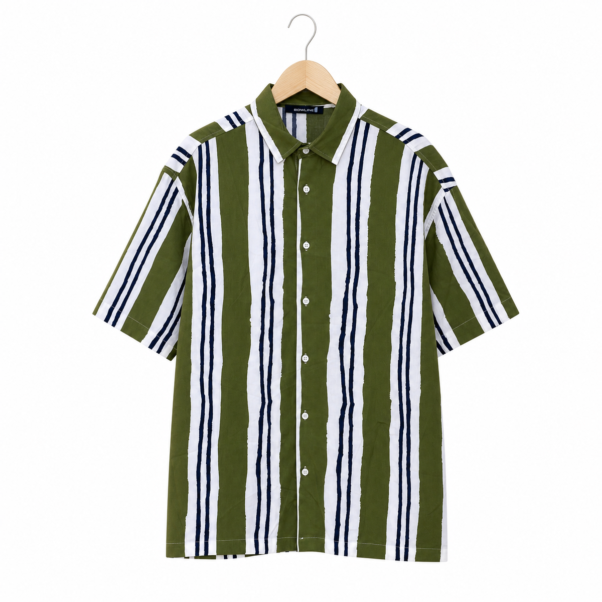 WEELZ olive and white striped Hawaii shirt, front hanger view