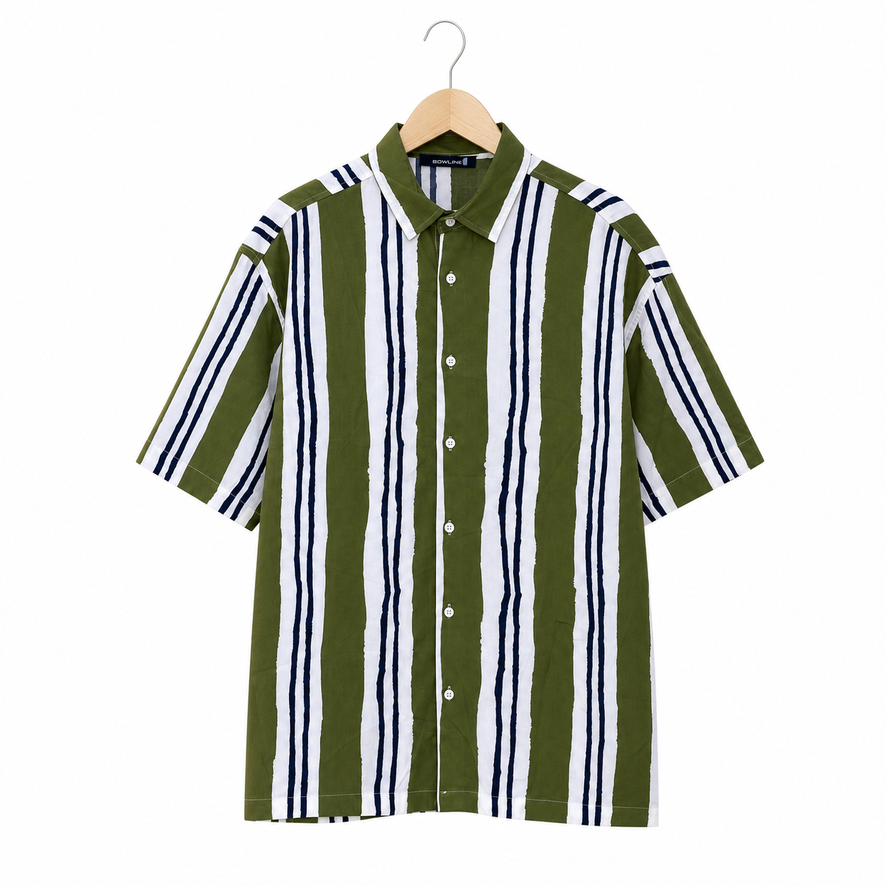 WEELZ olive and white striped Hawaii shirt, front hanger view