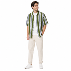 WEELZ olive and white striped Hawaii shirt, model styling one