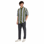 WEELZ olive and white striped Hawaii shirt, model styling two