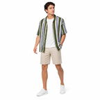 WEELZ olive and white striped Hawaii shirt, model styling three