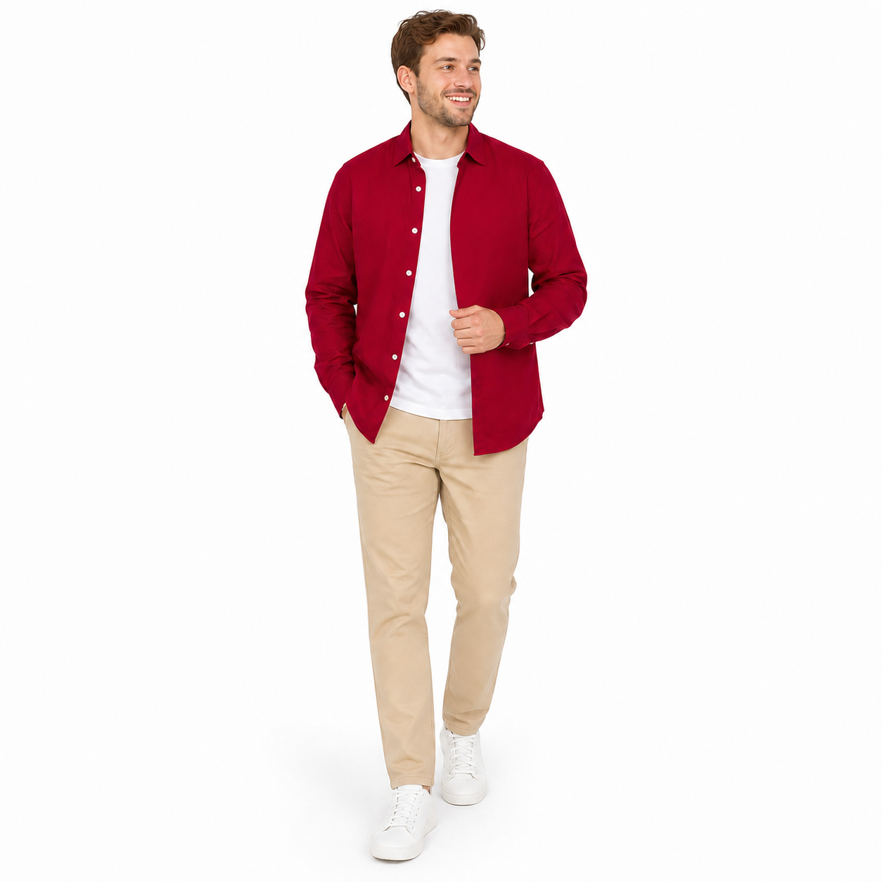 WEELZ Classic Cotton Button-Down Shirt — Red — styled look 1