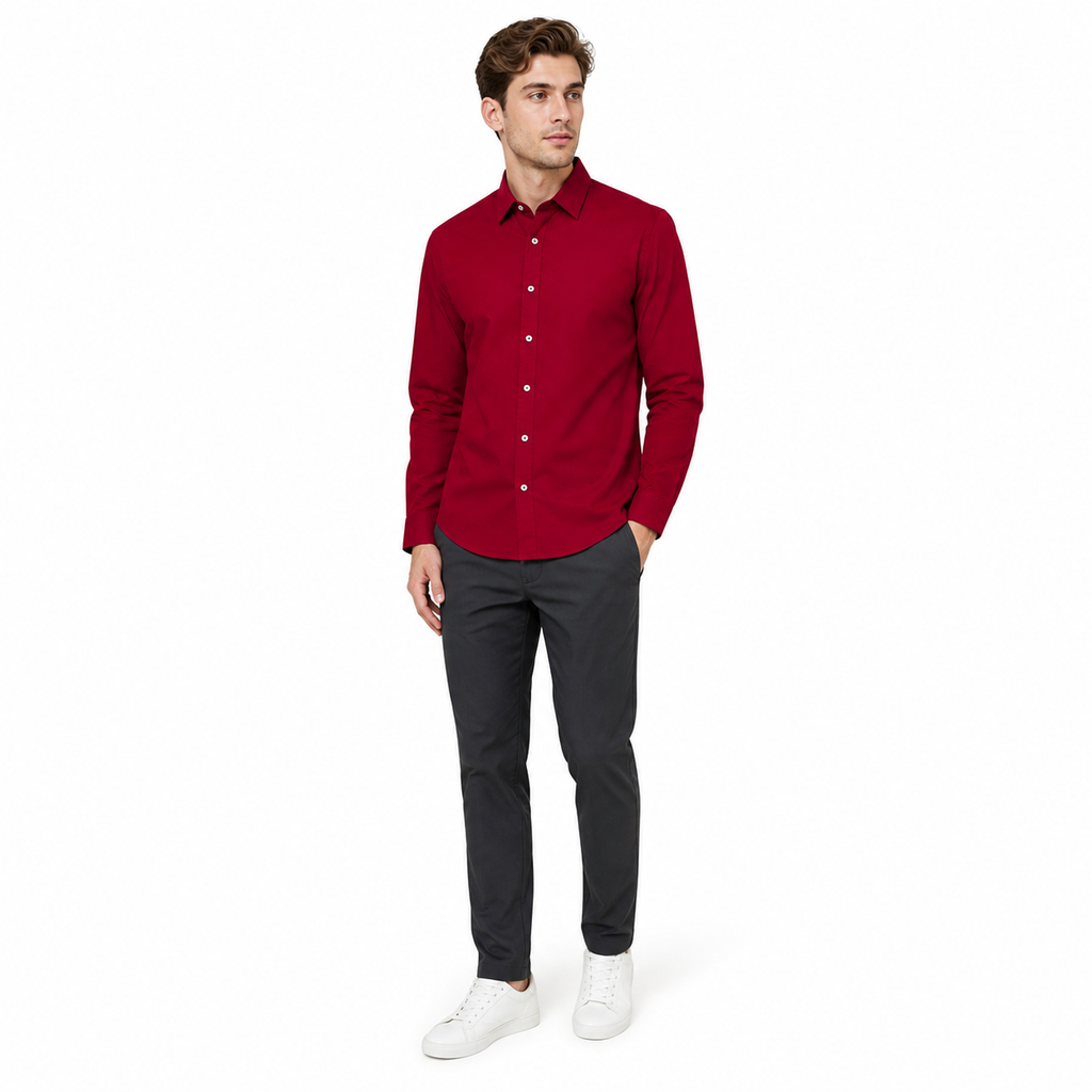 WEELZ Classic Cotton Button-Down Shirt — Red — styled look 2