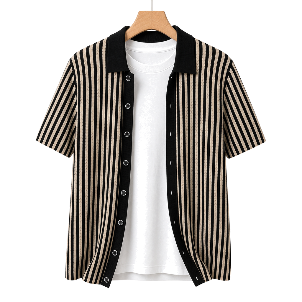 WEELZ Striped Button-Through Knit Shirt — Black & Tan — front hanging view