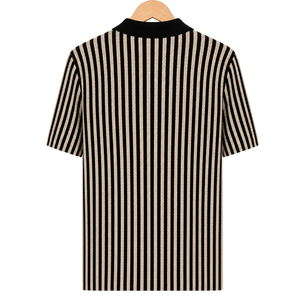 WEELZ Striped Button-Through Knit Shirt — Black & Tan — back hanging view