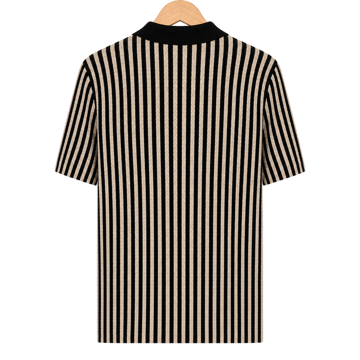 WEELZ Striped Button-Through Knit Shirt — Black & Tan — back hanging view