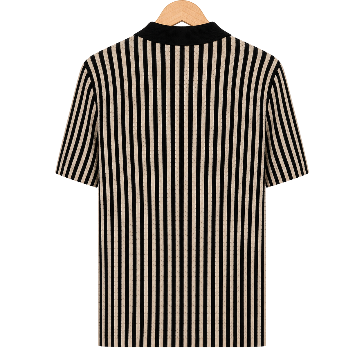WEELZ Striped Button-Through Knit Shirt — Black & Tan — back hanging view
