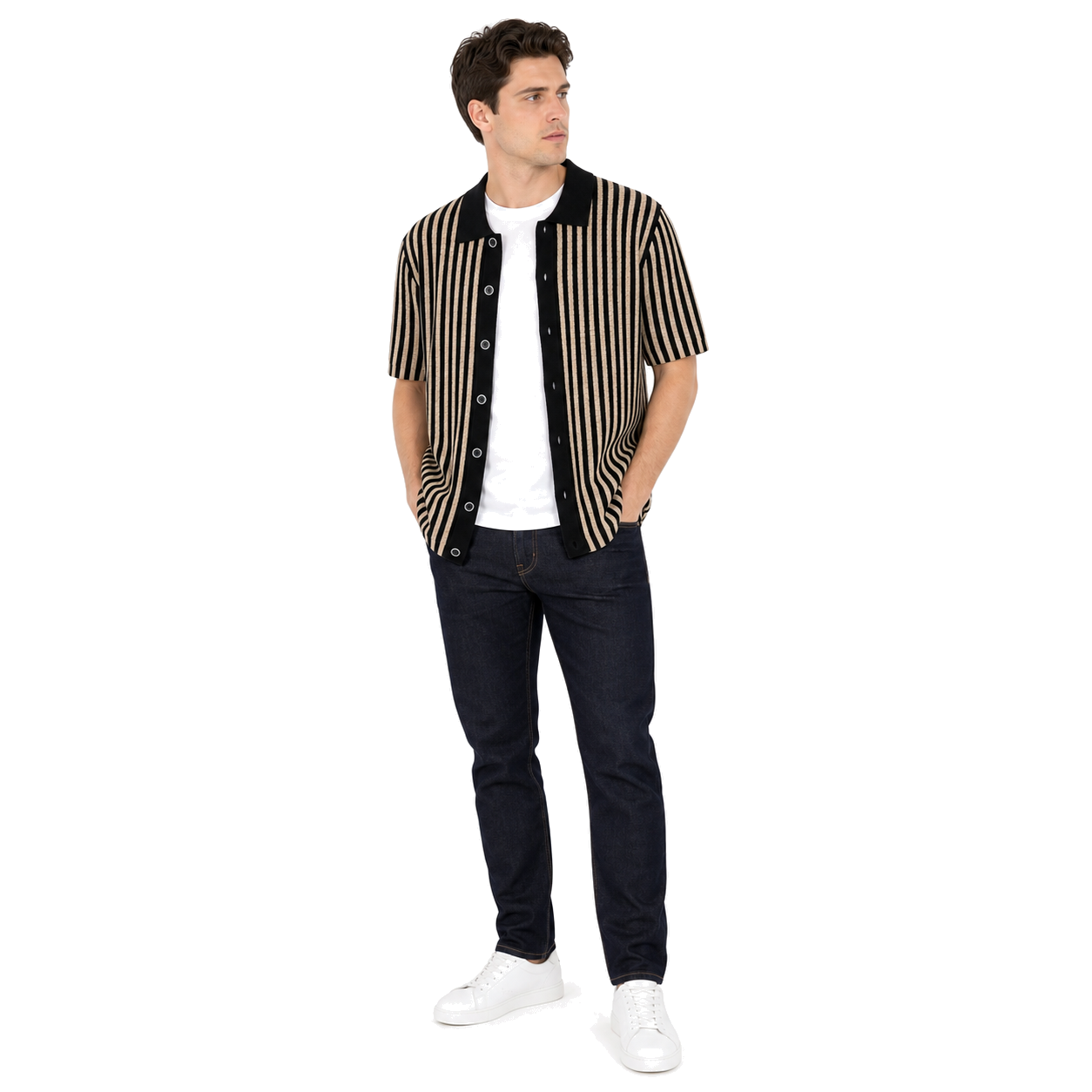 WEELZ Striped Button-Through Knit Shirt — Black & Tan — model look 2