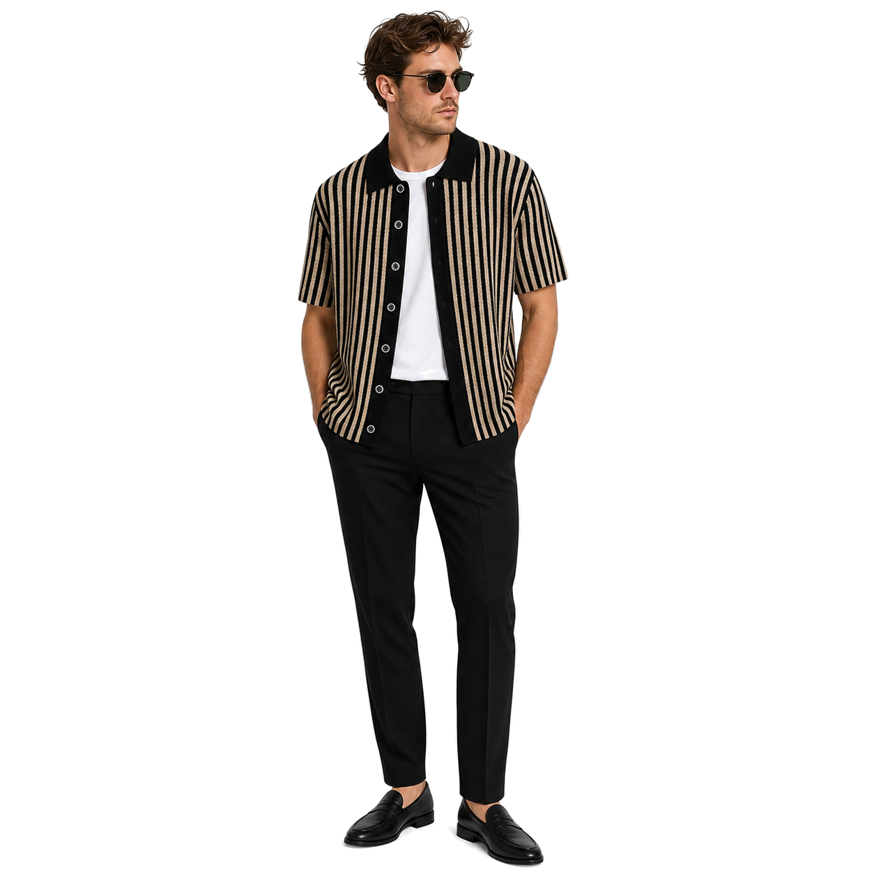WEELZ Striped Button-Through Knit Shirt — Black & Tan — model look 3