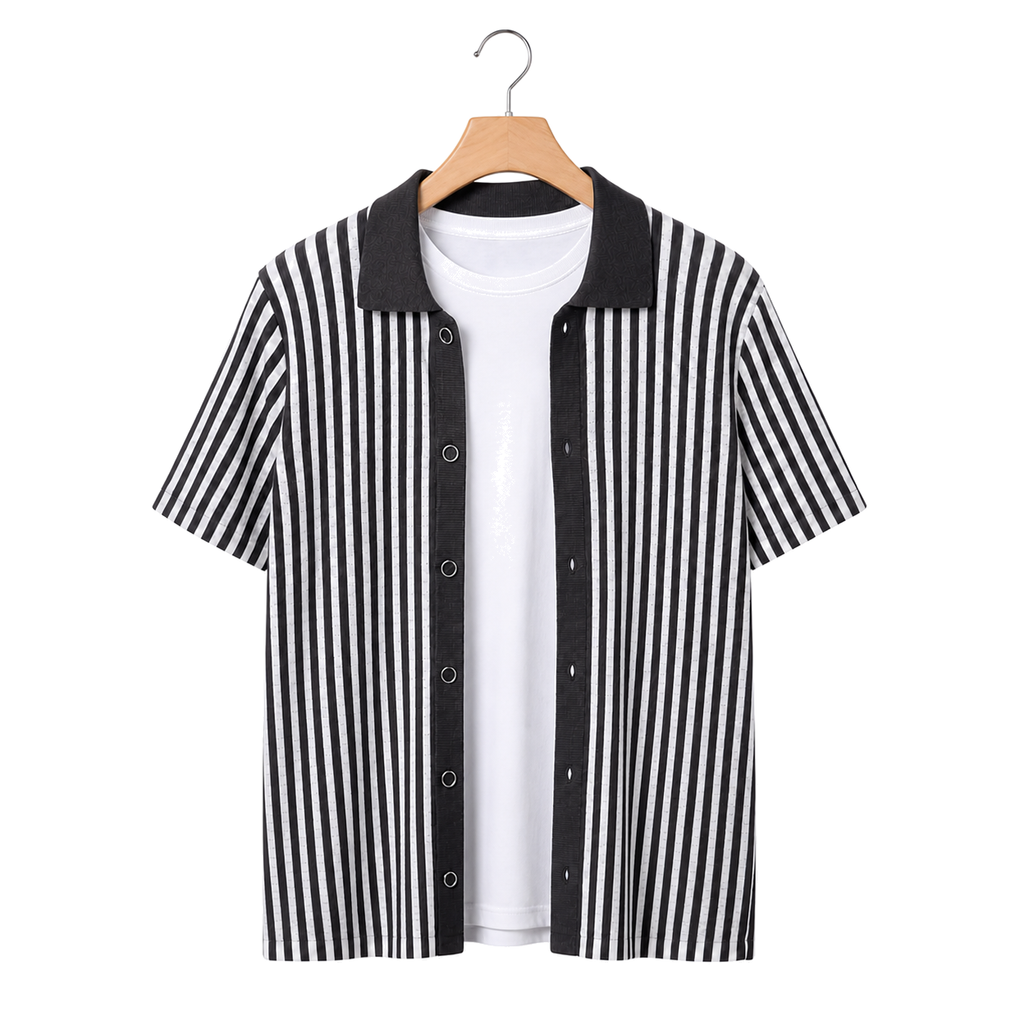 WEELZ Striped Button-Through Knit Shirt — Grey & Black — front hanging view