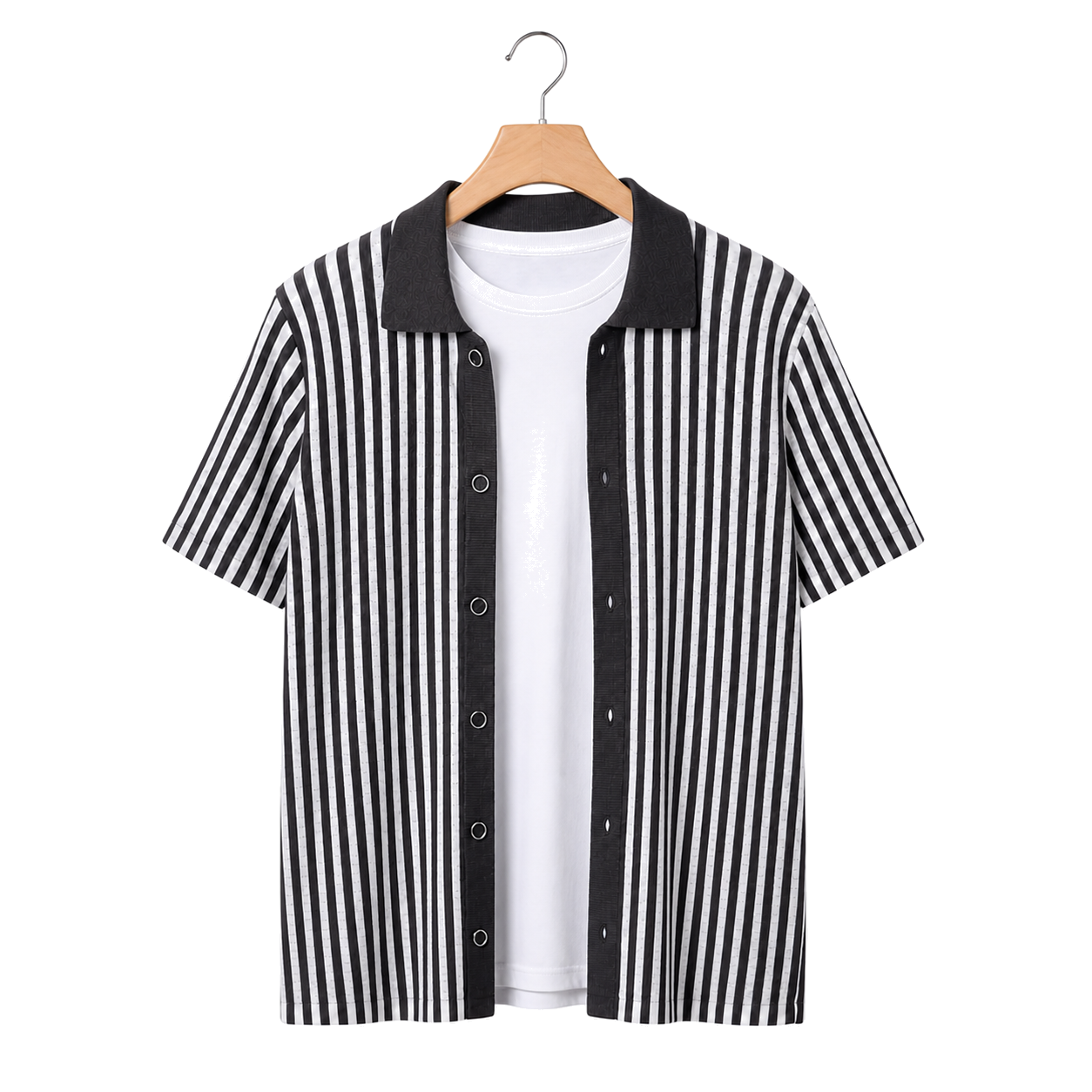 WEELZ Striped Button-Through Knit Shirt — Grey & Black — front hanging view