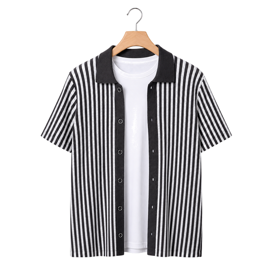 WEELZ Striped Button-Through Knit Shirt — Grey & Black — front hanging view