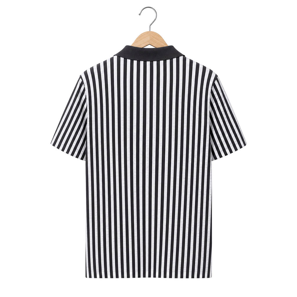 WEELZ Striped Button-Through Knit Shirt — Grey & Black — back hanging view