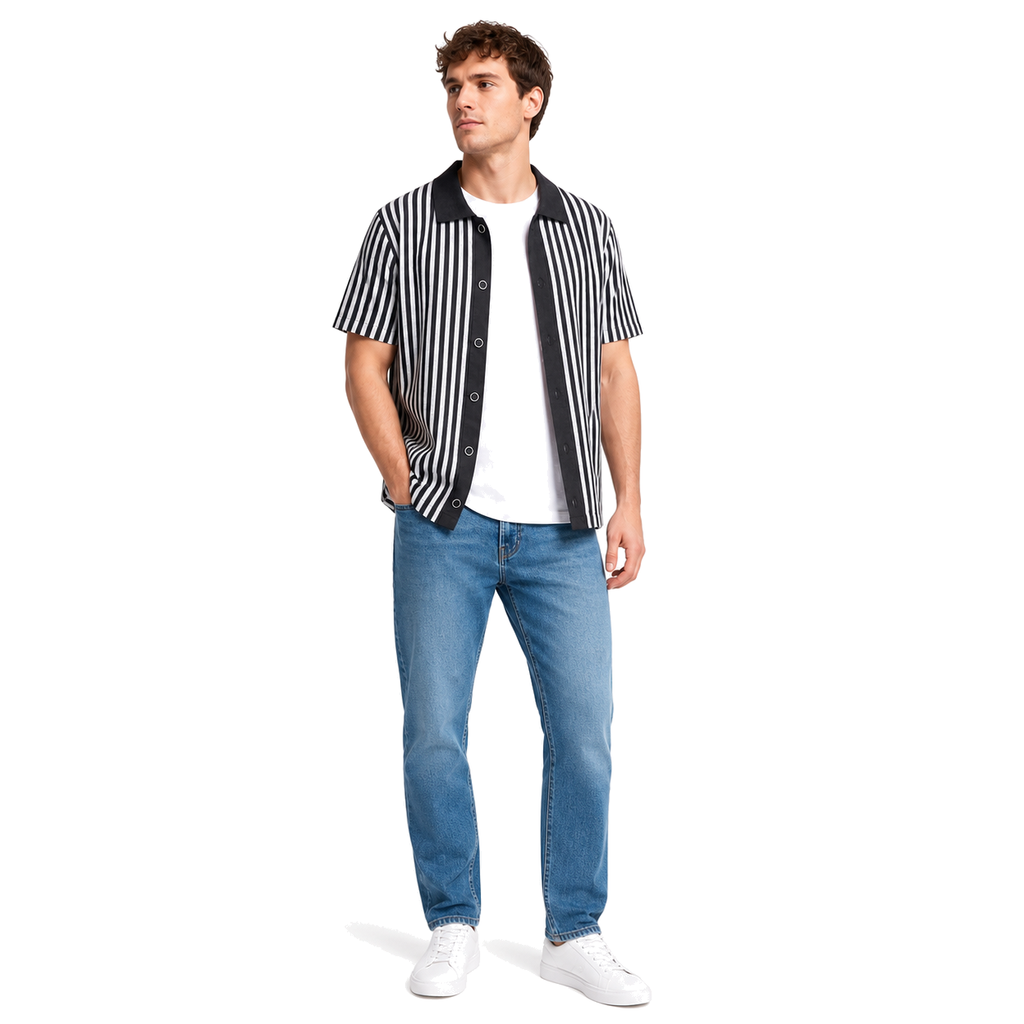 WEELZ Striped Button-Through Knit Shirt — Grey & Black — model look 2
