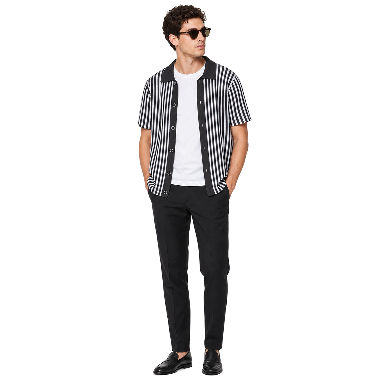 WEELZ Striped Button-Through Knit Shirt — Grey & Black — model look 3